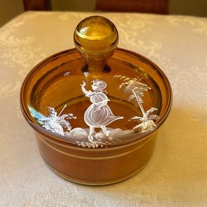 Mary Gregory Victorian Amber hand painted, hand blown glass trinket dish